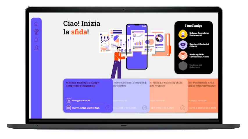 Screenshot: classifiche, badge e notifiche di LearningBOX Contest