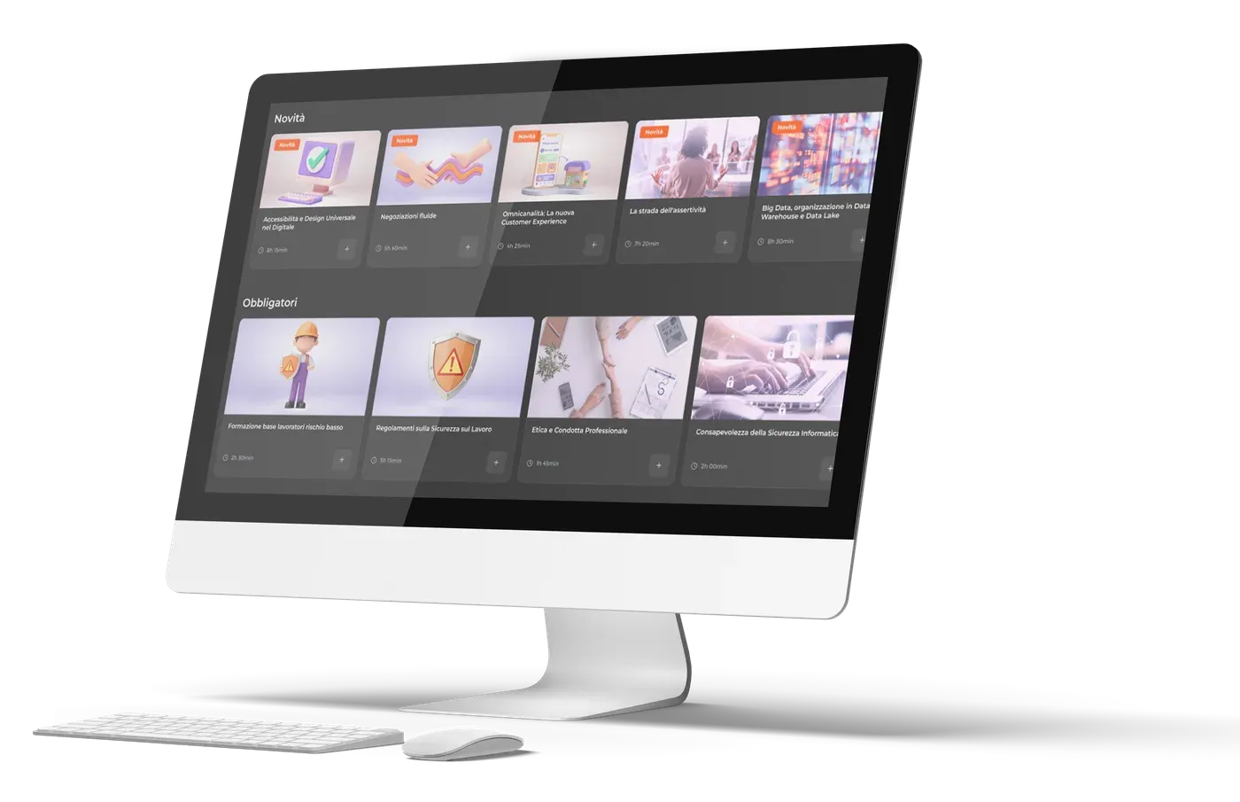 La piattaforma e-learning SkillBox su un monitor da tavolo: il catalogo corsi diviso in novità e corsi obbligatori